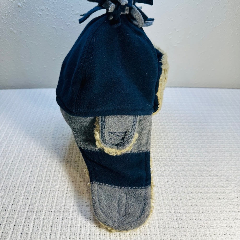 GAP Kids Trapper Hat Winter Fleece Lined Navy Blue Gray Pom Pom Ear Flaps - Picture 9 of 11